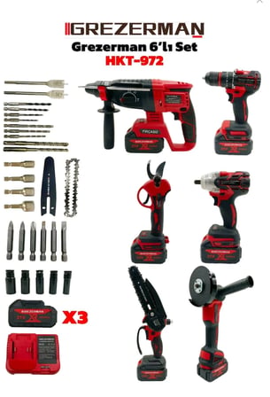 GREZERMAN Kırmızı 6'lı Set Kömürsüz Bakır Sargı Şarjlı Matkap, Hilti, Budama Testere, Makas, Taşlama