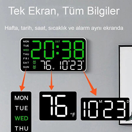 Ev ve Ofis için Yeşil LED Duvar Saati Göz Yormayan Otomatik Işık Çift Alarm Sıcaklık Tarih