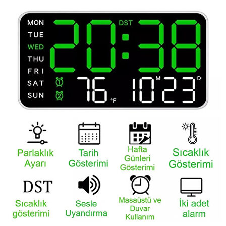 Ev ve Ofis için Yeşil LED Duvar Saati Göz Yormayan Otomatik Işık Çift Alarm Sıcaklık Tarih