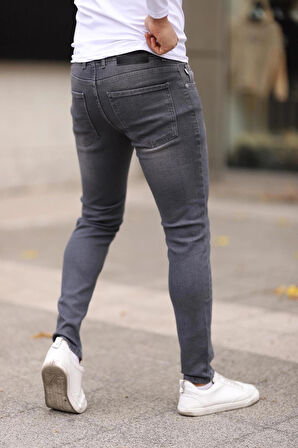 Erkek Gri Jean Slim Fit Dar Paça Likralı Esnek Kot Pantolon
