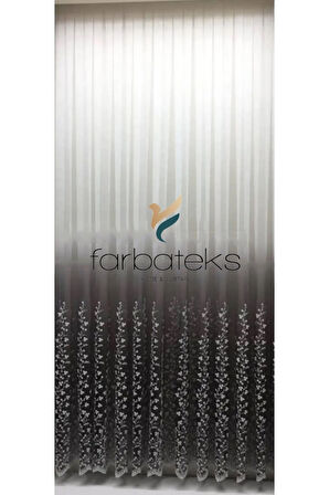 Gri Etek Ucu Papatya Desenli Renk Geçişli 3Kat Pileli Tül Perde