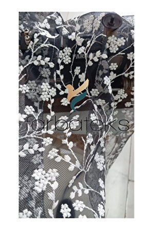 Gri Etek Ucu Papatya Desenli Renk Geçişli 3Kat Pileli Tül Perde