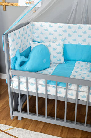 Ahşap Beşik Anne Yanı Beşik Gri 60x120 - Mavi Balina Uyku Seti Yatak