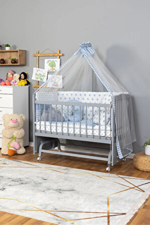 Ahşap Beşik Anne Yanı Beşik Gri 60x120 Mavi Yıldız Uyku Seti Yatak Tekerlekli