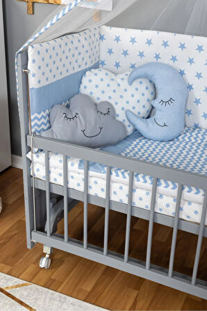 Ahşap Beşik Anne Yanı Beşik Gri 60x120 Mavi Yıldız Uyku Seti Yatak Tekerlekli