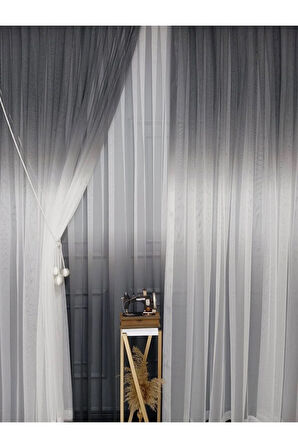 Gri Renkli Renk Geçişli Değrade Sağ/Sol Takım Tül Fon Perde