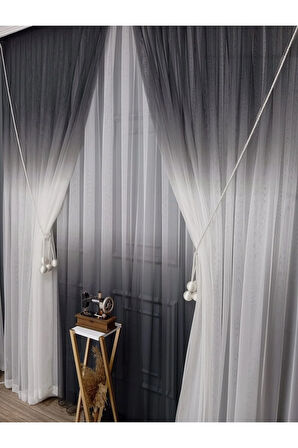 Gri Renkli Renk Geçişli Değrade Sağ/Sol Takım Tül Fon Perde