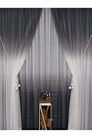 Gri Renkli Renk Geçişli Değrade Sağ/Sol Takım Tül Fon Perde