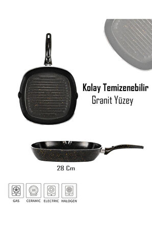 28 cm Siyah Granit Grill Tava | Yapışmaz Yüzey | Kare Izgara Tava