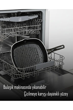 28 cm Siyah Granit Grill Tava | Yapışmaz Yüzey | Kare Izgara Tava