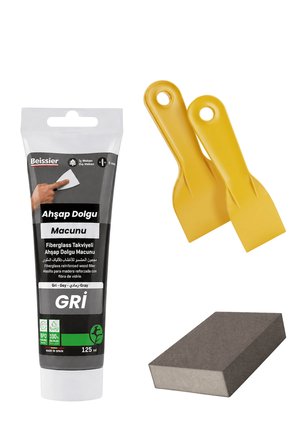 4'lü Gri Ahşap ve Duvar Tamir Seti 125 Ml Dolgu Macunu 2 Adet Plastik Spatula 1 Kübik Zımpara