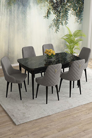 Meri Siyah Mermer 80x132 Açılabilir Mdf Masa Yemek Odası Takımı, Mutfak Takımı 6 Adet Sandalye
