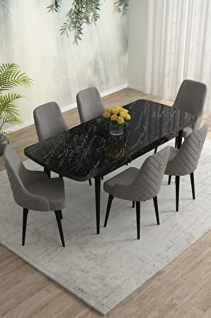 Meri Siyah Mermer 80x132 Açılabilir Mdf Masa Yemek Odası Takımı, Mutfak Takımı 6 Adet Sandalye