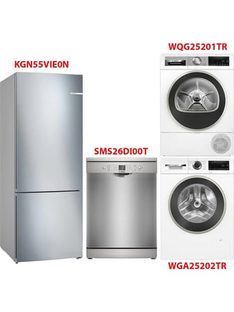 Bosch KGN55VIE0N - WGA25202TR - WQG25201TR - SMS26DI00T Beyaz Eşya 4'lü Set