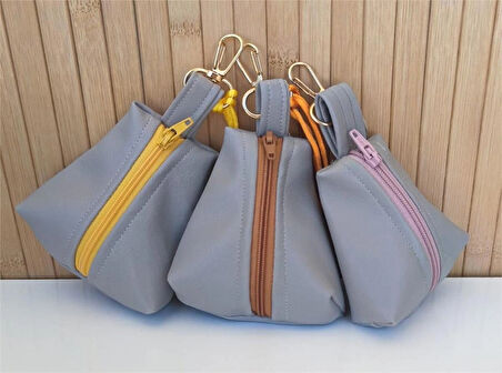 3 ADET MİNİ CÜZDAN & ANAHTARLIK GRİ SUNİ DERİ Karışık Renkli