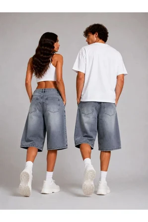 ESKİTME YIKAMA UNİSEX BAGGY DENİM ŞORT