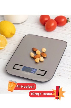 Hassas Mutfak Terazisi 5 Kg - 1 Gr Hassasiyet - Paslanmaz Çelik - LED Ekran - Pil Hediyeli