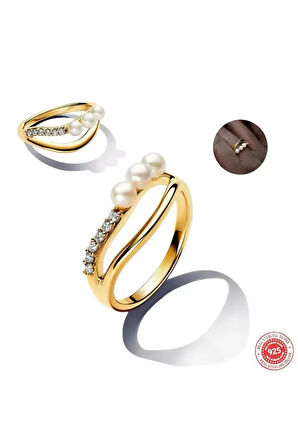 Gold Renk İşlenmiş Tatlı Su Kültür İncisi ve Organik Şekilli Çift Şerilti Yüzük