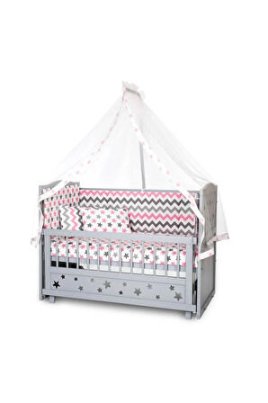 Ahşap Beşik Anne Yanı Beşik Gri 60x120 Pembe Yıldız Çift Yastıklı Uyku Seti Yatak