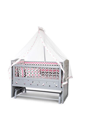Ahşap Beşik Anne Yanı Beşik Gri 60x120 Pembe Yıldız Çift Yastıklı Uyku Seti Yatak
