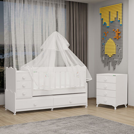 Garaj Home Melina MDF Çıtalı Beşik ve Şifonyer + Yatak + Uyku Seti - Beyaz-