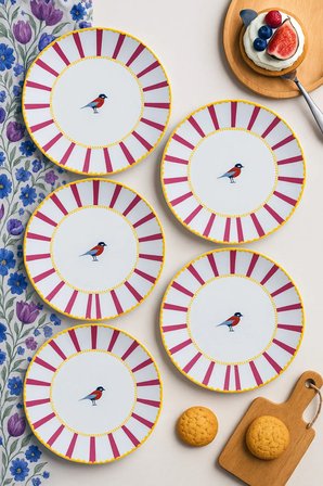 Kuş Desenli Pembe Çizgili 6’lı Pasta ve Tatlı Tabağı Seti (20 CM) – Modern ve Şık Sunum Tabakları