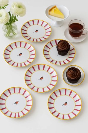 Kuş Desenli Pembe Çizgili 6’lı Pasta ve Tatlı Tabağı Seti (20 CM) – Modern ve Şık Sunum Tabakları