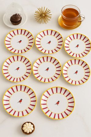 Kuş Desenli Pembe Çizgili 6’lı Pasta ve Tatlı Tabağı Seti (20 CM) – Modern ve Şık Sunum Tabakları