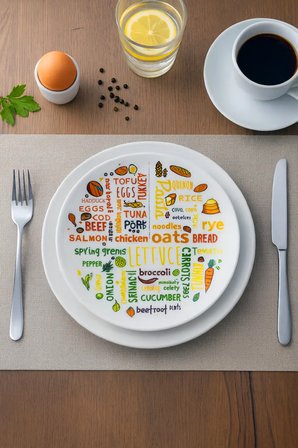 Renkli Food Typo Desenli Yuvarlak Servis Tabağı 27 CM – Modern Mutfak Sunum Diyet Tabağı