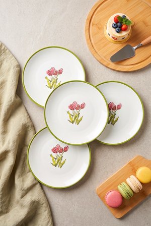 6'lı Yeşil Kenarlı Modern Çiçek Desenli 20 CM Pasta, Tatlı Tabağı Seti -  Kahvaltı Sunum Tabağı