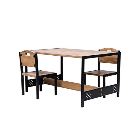 Çocuk Aktivite Etkinlik Masası -Çift Kişilik Çalışma Masası - MDF - Ceviz - Metal