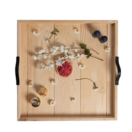 Dekoratif Tepsi - El yapımı Sunum Tepsisi - 60x60cm - Massif Çam Ahşap