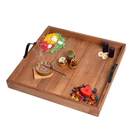Dekoratif Tepsi - El Yapımı Sunum Tepsisi - 60x60cm - Massif Çam Ahşap - Ceviz
