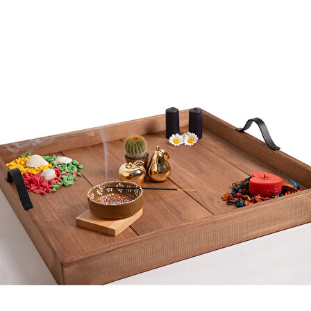 Dekoratif Tepsi - El Yapımı Sunum Tepsisi - 60x60cm - Massif Çam Ahşap - Ceviz