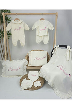 Müslin Yeni Doğan 4Katlı Organik %100Pamuk Kişiye Özgü Nakışlı Hastane Çıkış Seti (Kelebek Model-2)