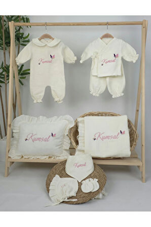 Müslin Yeni Doğan 4Katlı Organik %100Pamuk Kişiye Özgü Nakışlı Hastane Çıkış Seti (Kelebek Model-2)