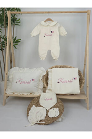 Müslin Yeni Doğan 4Katlı Organik %100Pamuk Kişiye Özgü Nakışlı Hastane Çıkış Seti (Kelebek Model-2)