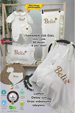 Müslin Yeni Doğan 4Katlı Organik %100Pamuk Kişiye Özgü Nakışlı Hastane Çıkış Seti-Kahverengi Kalpli