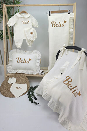 Müslin Yeni Doğan 4Katlı Organik %100Pamuk Kişiye Özgü Nakışlı Hastane Çıkış Seti-Kahverengi Kalpli