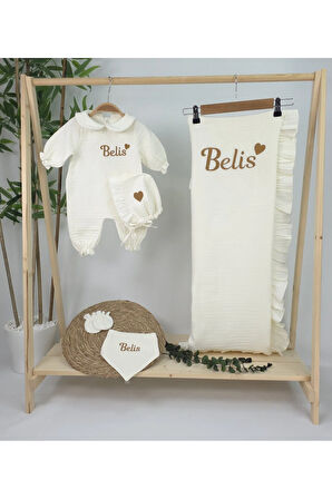 Müslin Yeni Doğan 4Katlı Organik %100Pamuk Kişiye Özgü Nakışlı Hastane Çıkış Seti-Kahverengi Kalpli