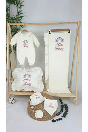 Müslin Yeni Doğan 4 Katlı Organik %100Pamuk Kişiye Özgü Nakışlı Hastane Çıkış Seti-Pudra Gökkuşağı