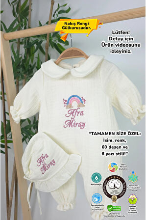 Müslin Yeni Doğan 4 Katlı Organik %100Pamuk Kişiye Özgü Nakışlı Hastane Çıkış Seti-Pudra Gökkuşağı