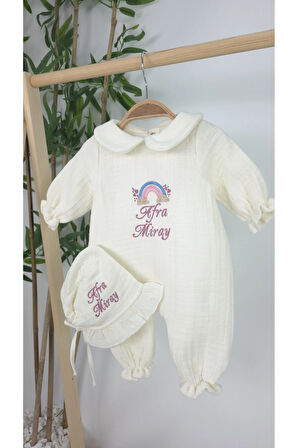 Müslin Yeni Doğan 4 Katlı Organik %100Pamuk Kişiye Özgü Nakışlı Hastane Çıkış Seti-Pudra Gökkuşağı