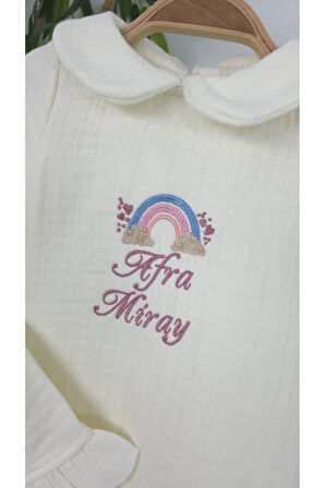 Müslin Yeni Doğan 4 Katlı Organik %100Pamuk Kişiye Özgü Nakışlı Hastane Çıkış Seti-Pudra Gökkuşağı