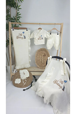 Müslin Yeni Doğan 4Katlı Organik %100Pamuk Kişiye Özgü Nakışlı Hastane Çıkış Seti-Kahverengi-Filli
