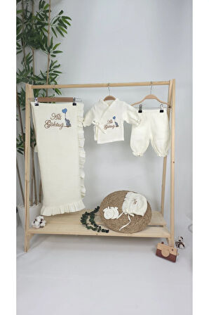 Müslin Yeni Doğan 4Katlı Organik %100Pamuk Kişiye Özgü Nakışlı Hastane Çıkış Seti-Kahverengi-Filli