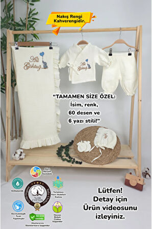 Müslin Yeni Doğan 4Katlı Organik %100Pamuk Kişiye Özgü Nakışlı Hastane Çıkış Seti-Kahverengi-Filli
