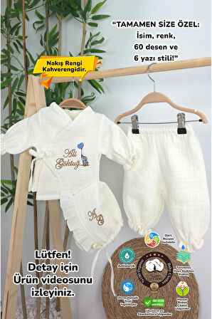 Müslin Yeni Doğan 4Katlı Organik %100Pamuk Kişiye Özgü Nakışlı Hastane Çıkış Seti-Kahverengi-Filli