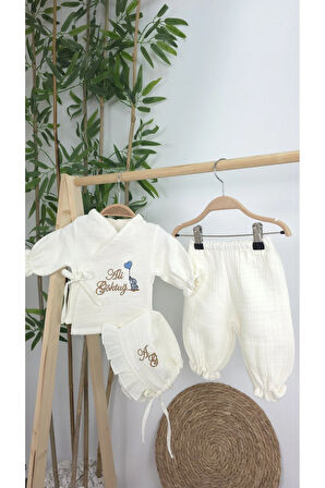 Müslin Yeni Doğan 4Katlı Organik %100Pamuk Kişiye Özgü Nakışlı Hastane Çıkış Seti-Kahverengi-Filli