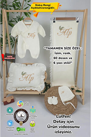Müslin Yeni Doğan 4Katlı Organik %100Pamuk Kişiye Özgü Nakışlı Hastane Çıkış Seti-Dal Model